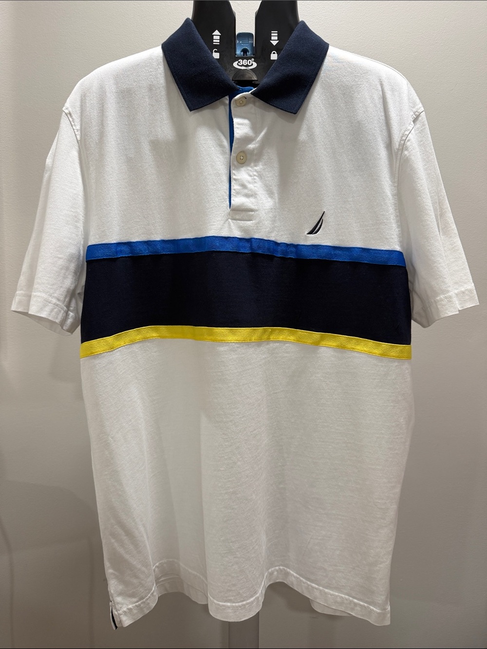 Men Nautica White Polo with Navy, Royal Blue & Yellow Stripes